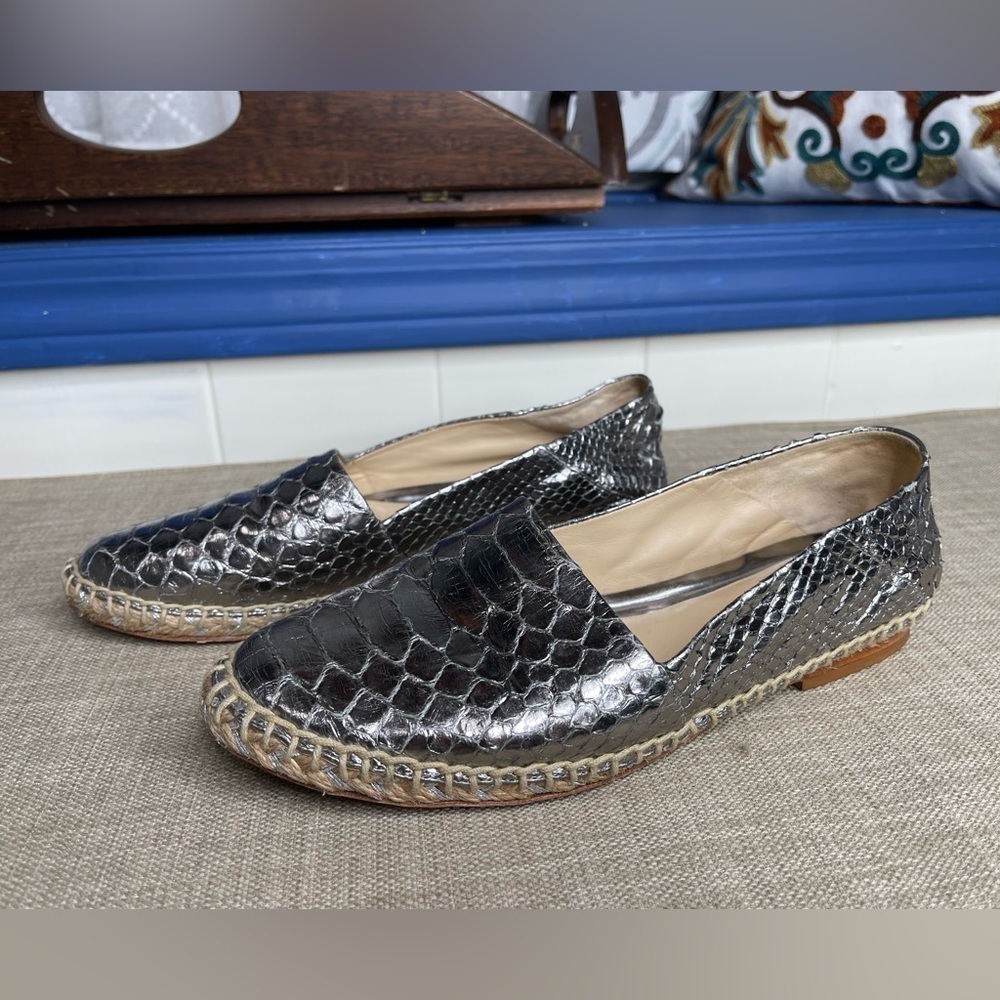 Alexandre Birman Snakeskin Silver Leather Flats Espadrille Ladies 38.5